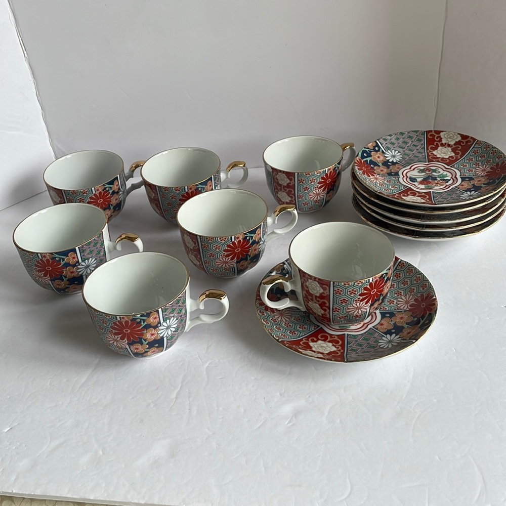 Arita Imari Fan 7 cups six saucers vintage